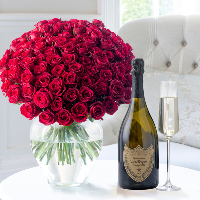100 Red Roses & Dom Perignon Champagne | Flowers & Champagne Gift Set | UK Next Day Delivery - Appleyard London
