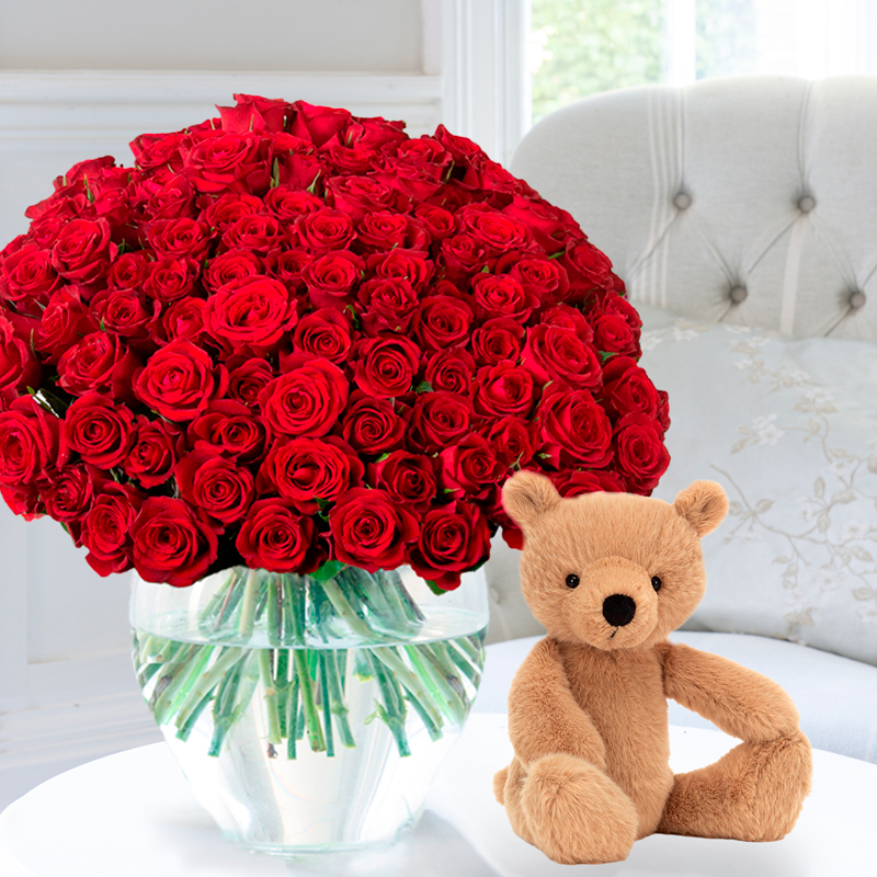 100 Luxury Red Roses & Jellycat Rufus Bear | Gifts to Truly Wow by Appleyard | Next Day Flowers Delivery - Appleyard London