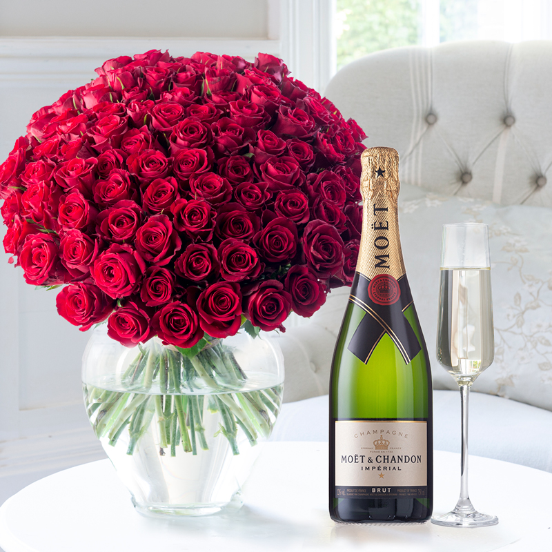 100 Red Roses with Moët & Chandon Champagne | Flowers & Champagne Gift Set | UK Next Day Delivery - Appleyard London
