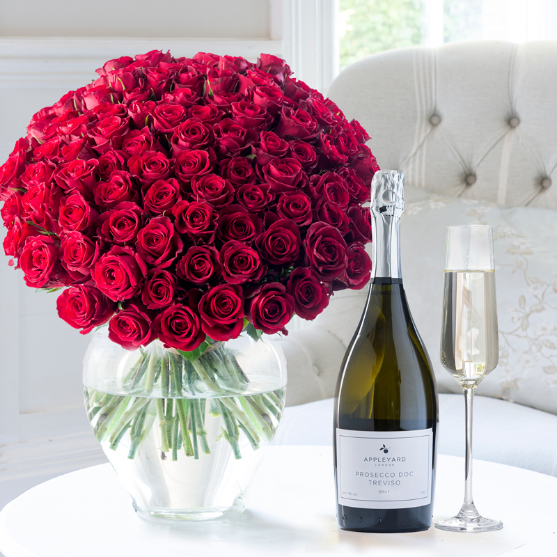 100 Red Roses & Prosecco | Flowers & Prosecco Gift Set | UK Next Day Flowers & Prosecco Delivery - Appleyard London