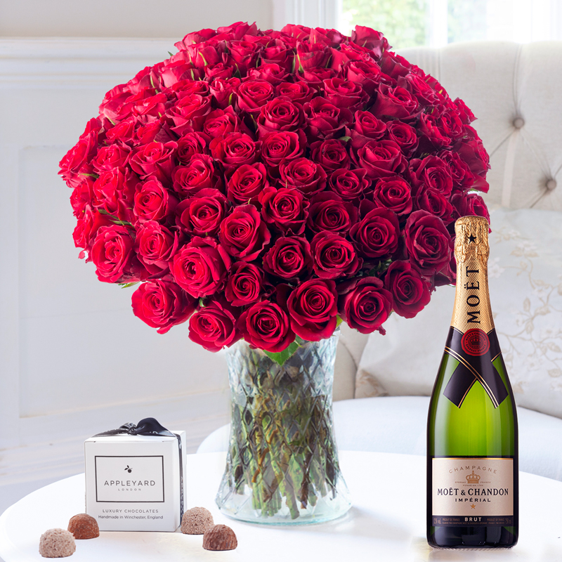 100 Luxury Red Roses, Moët & Chandon & 6 Mixed Truffles image