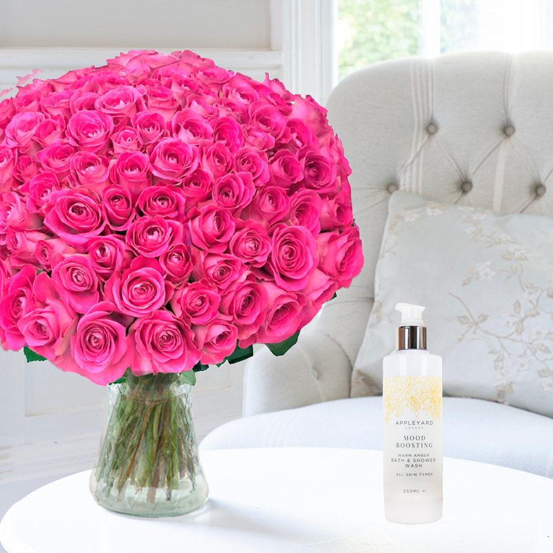 100 Pink Roses & Warm Amber Body Wash | Rose Bouquets & Luxury Scented Gifts | Hand-Tied Flowers | Next Day Flower Delivery - Appleyard London