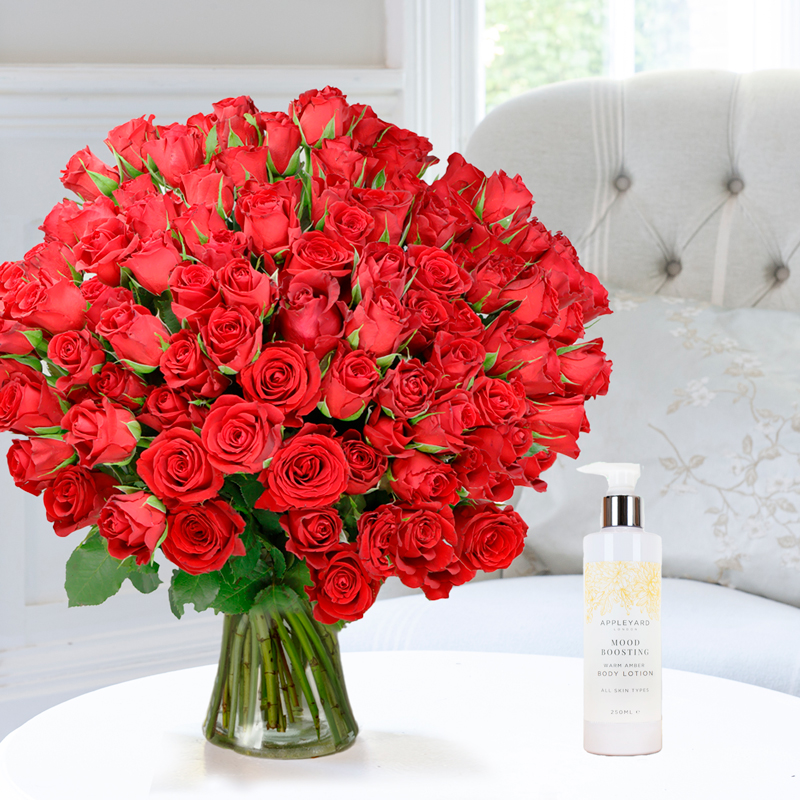 100 Red Roses & Warm Amber Body Lotion | Rose Bouquets & Luxury Scented Gifts | Hand-Tied Flowers | Next Day Flower Delivery - Appleyard London