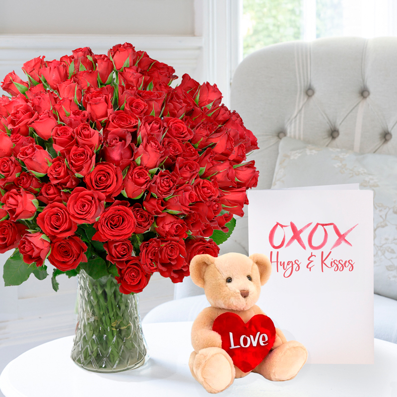 Romance Flower Gift Set - 100 Red Roses, Brown Heart Bear & Romance Card - Next Day Flower & Gift Delivery UK - Appleyard London