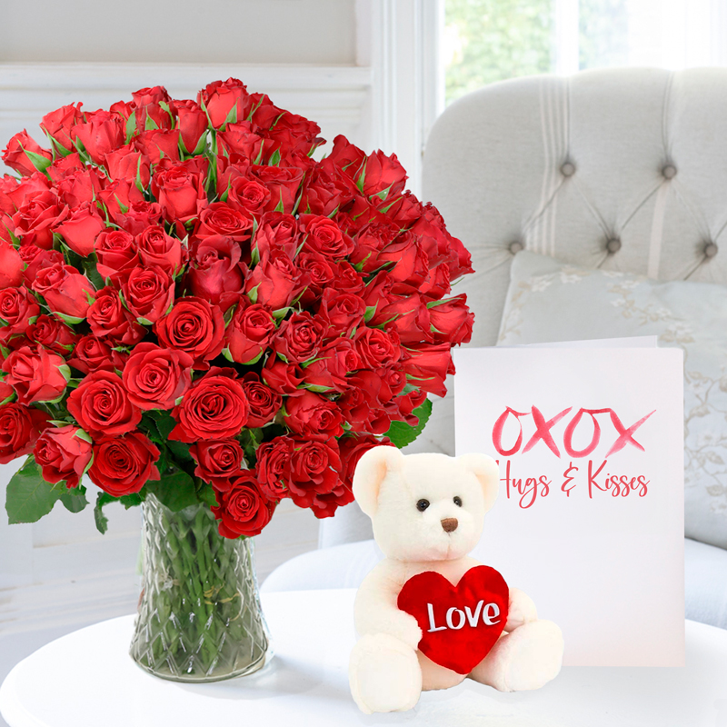 Romance Flower Gift Set - 100 Red Roses, Cream Heart Bear & Romance Card - Next Day Flower & Gift Delivery UK - Appleyard London