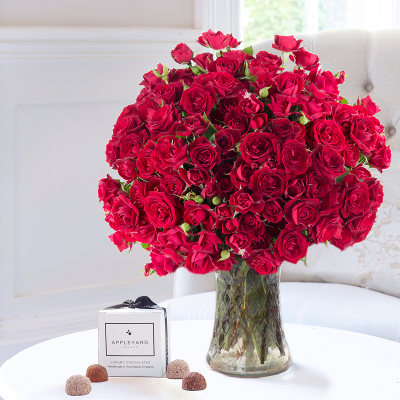 100 Red Roses, Vase & 6 Mixed Truffles image