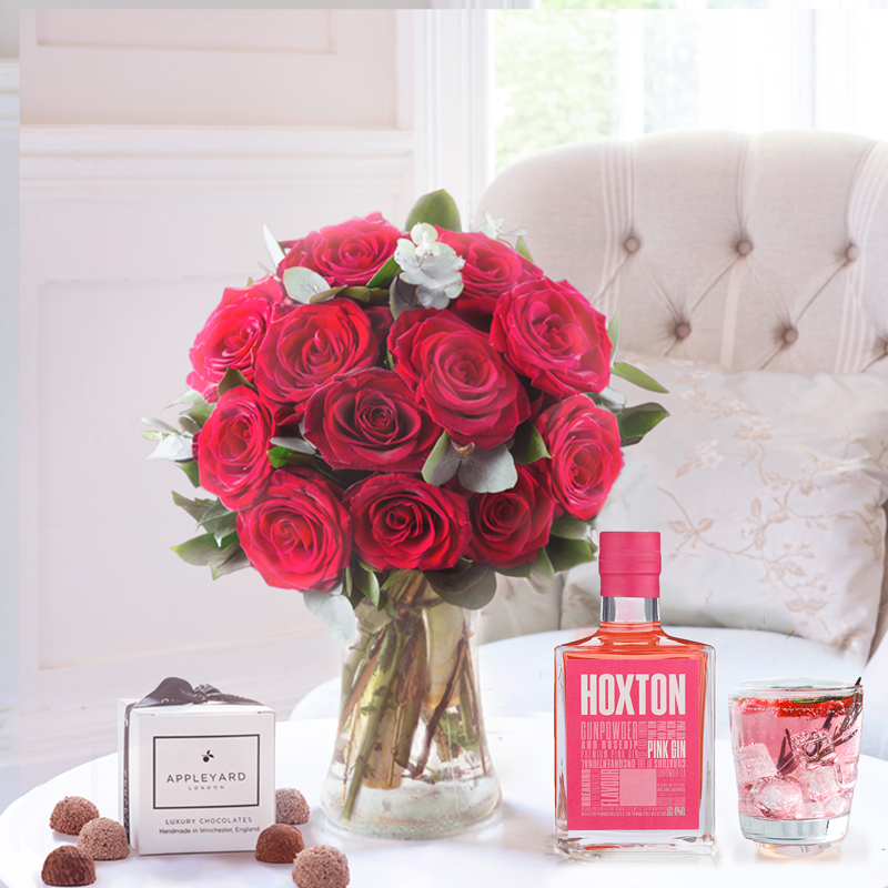 12 Large Headed Red Roses, Hoxton Pink Gin & 6 Mixed Truffles