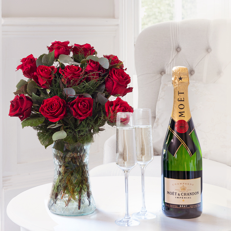 12 Luxury Red Roses with Moët & Chandon Champagne | Flowers & Champagne Gift Set | UK Next Day Delivery - Appleyard London