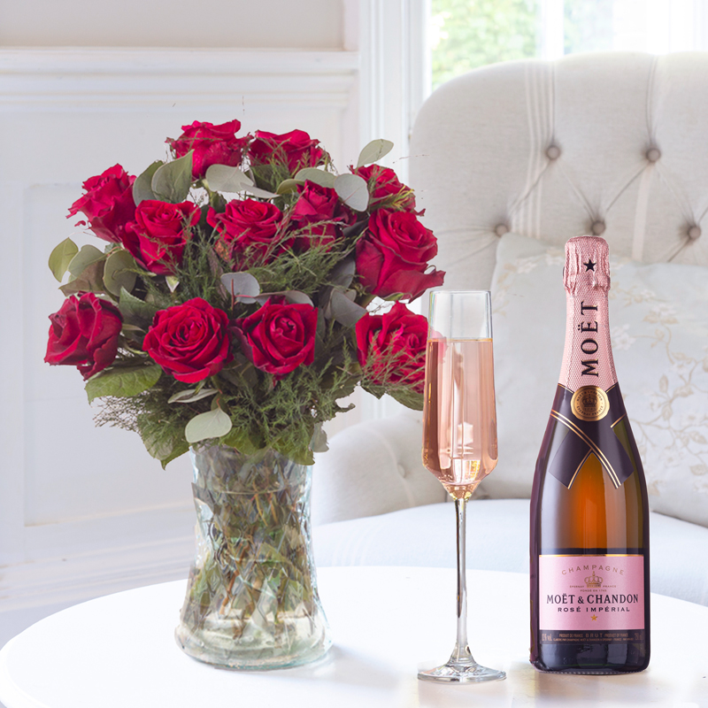 12 Luxury Red Roses with Moët & Chandon Rosé Champagne | Flowers & Champagne Gift Set | UK Next Day Delivery - Appleyard London