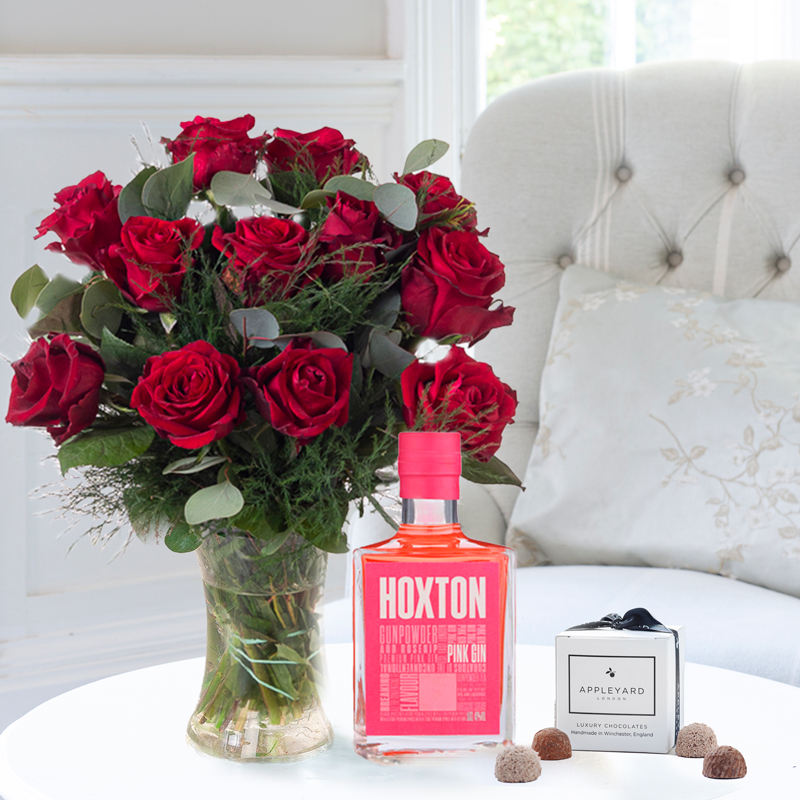 12 Large Headed Red Roses, Hoxton Pink Gin & 6 Mixed Truffles image