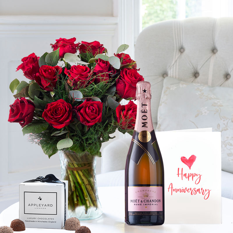 12 Large Headed Red Roses, Moët Rosé, Chocolates & Anniversary Card image
