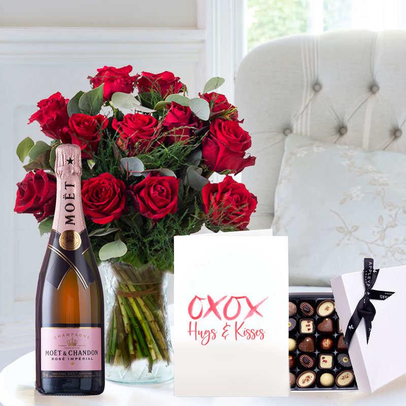 12 Large Headed Red Roses, Moët Rosé, Chocolates & Romance Card image