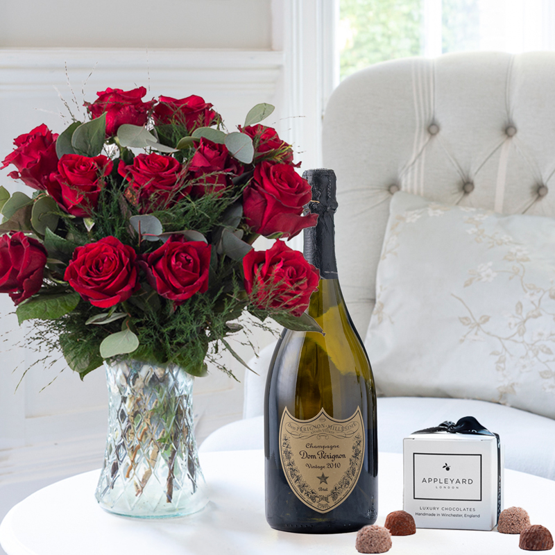 Luxury Red Rose Gift Set | Roses, Champagne & Chocolates | Flowers & Dom Perignon | Romantic Gifts - Appleyard London