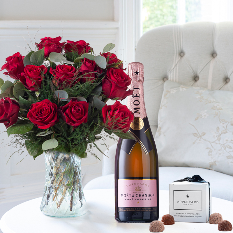 Luxury Red Rose Gift Set | Roses, Champagne & Chocolates | Flowers & Moët & Chandon Rosé | Romantic Gifts - Appleyard London
