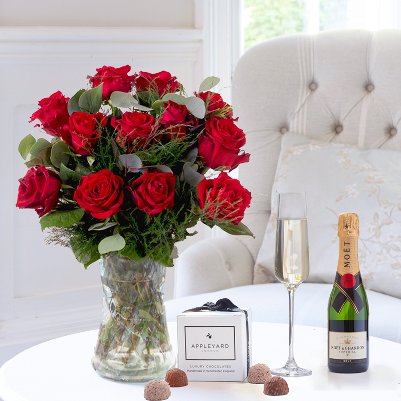 12 Opulent Red Roses, Mini Moët & 6 Mixed Truffles image