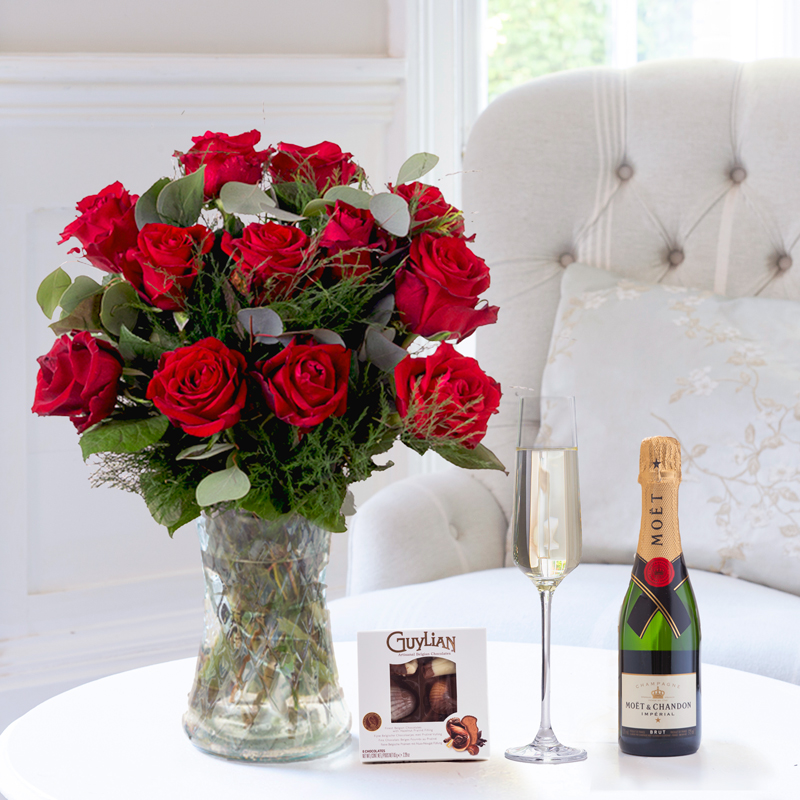 12 Opulent Red Roses, Mini Moët & 65g Guylian Chocolates image