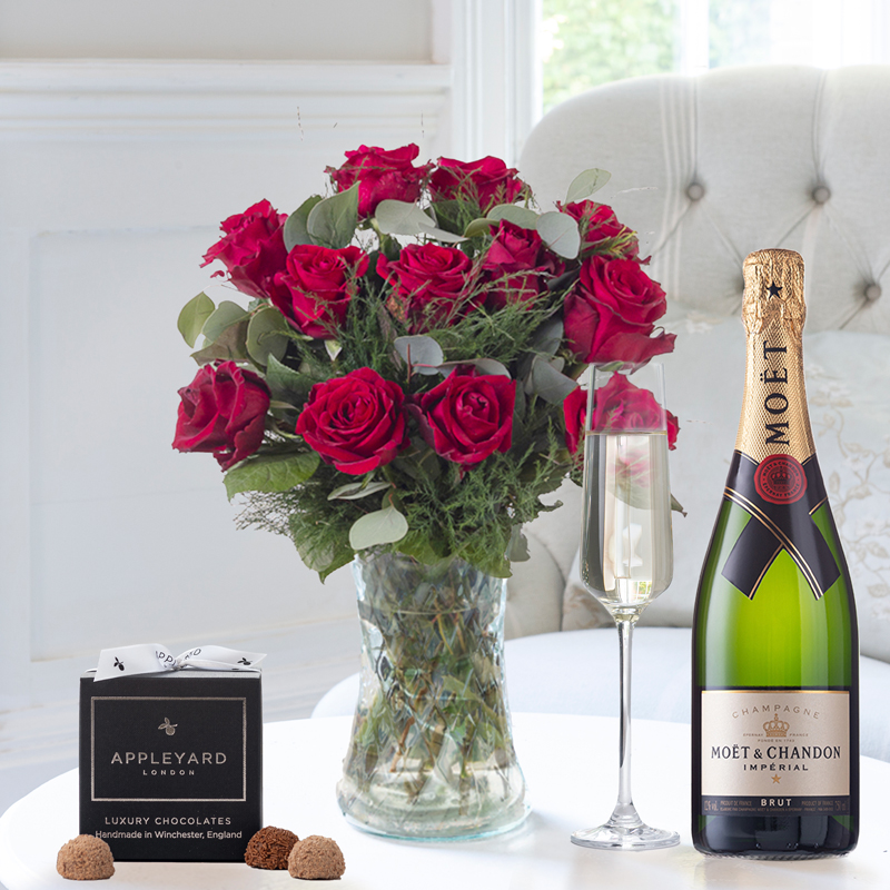 Flower Gift Set - 12 Opulent Red Roses, Moët & Chandon & 12 Mixed Truffles - Next Day Flower & Gift Delivery UK - Appleyard London