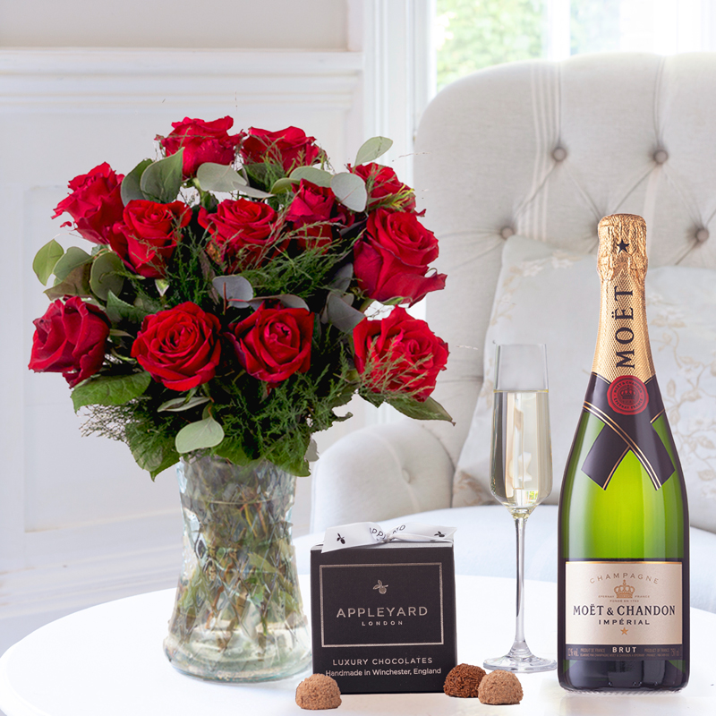 12 Opulent Red Roses, Moët & Chandon & 12 Mixed Truffles image
