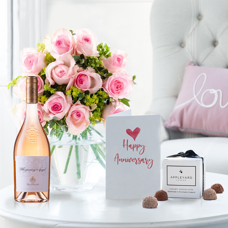 Sorbet Roses, Whispering Angel, 6 Mixed Truffles & Anniversary Card image