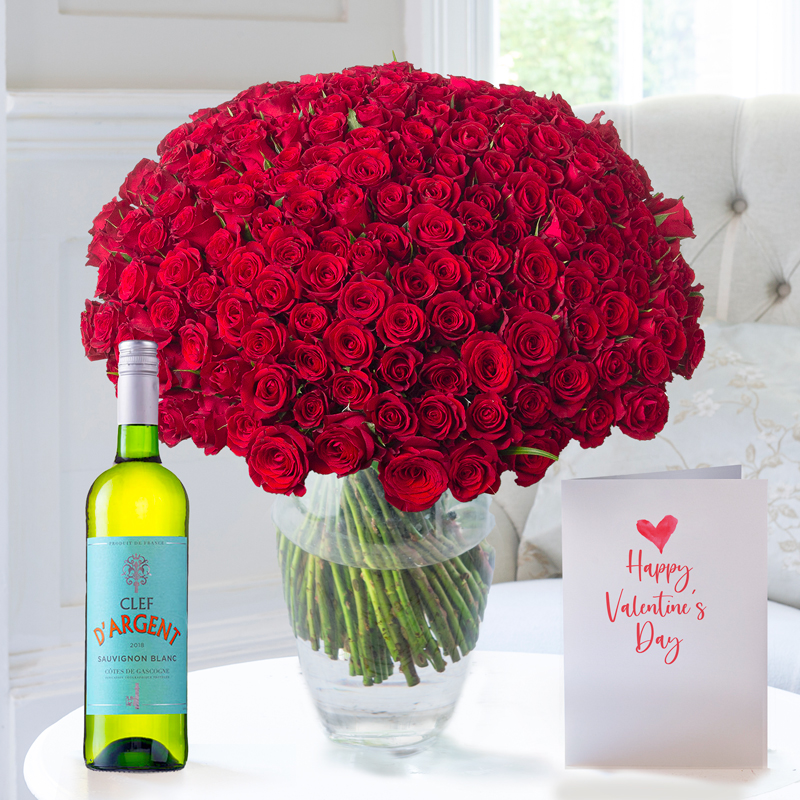 200 Luxury Red Roses, Clef D'Argent Sauvignon Blanc & Valentine's Card | Valentine's Flowers & Gifts | Flower Delivery UK - Appleyard London
