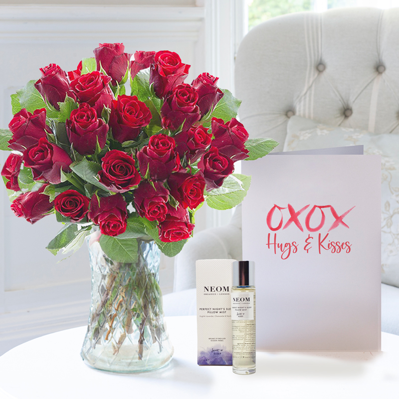 24 Sweetheart Red Roses, NEOM Pillow Mist & Romance Card | Valentine's Flowers & Gifts | Flower Delivery UK - Appleyard London