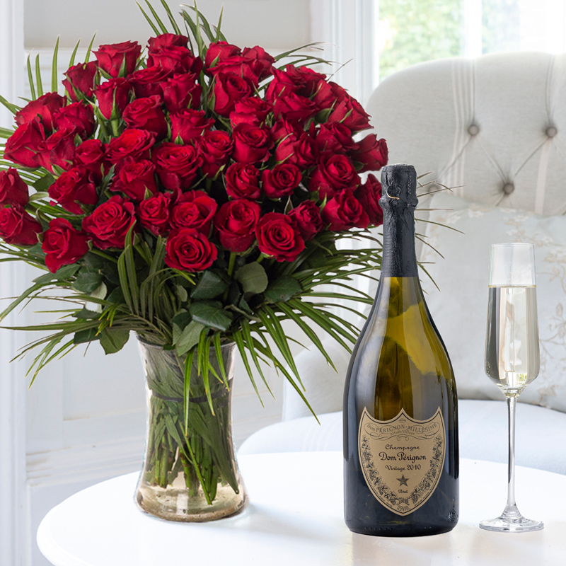 50 Red Roses & Dom Perignon Champagne | Flowers & Champagne Gift Set | UK Next Day Delivery - Appleyard London