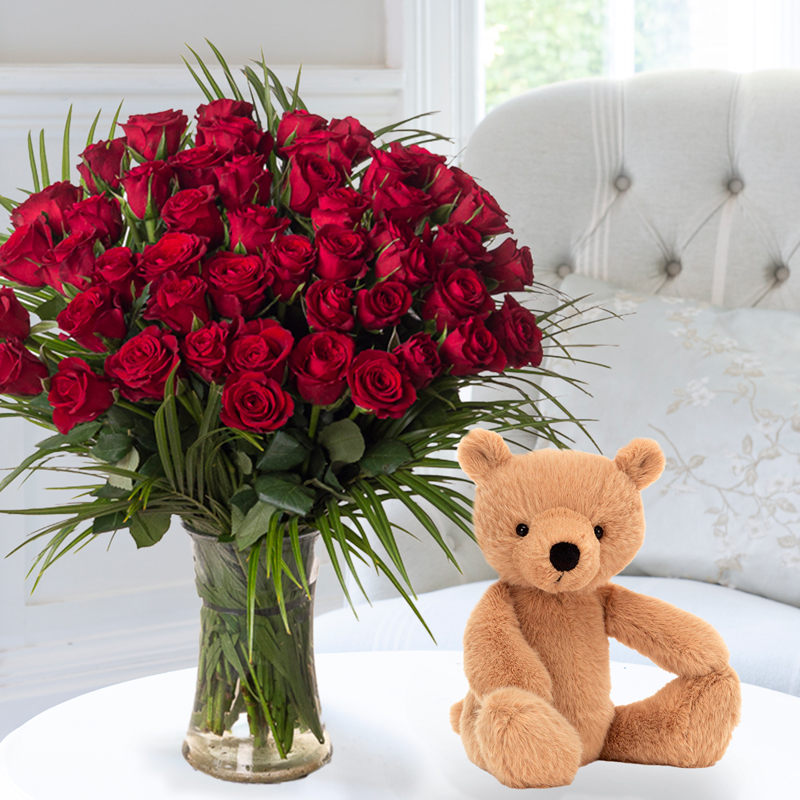 50 Luxury Red Roses & Jellycat Rufus Bear | Gifts to Truly Wow by Appleyard | Next Day Flowers Delivery - Appleyard London