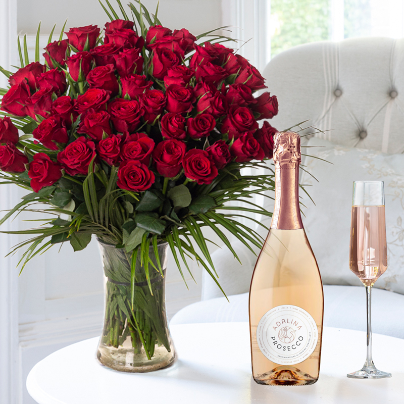 50 Red Roses & Prosecco Rosé | Flowers & Prosecco Gift Set | UK Next Day Delivery - Appleyard London