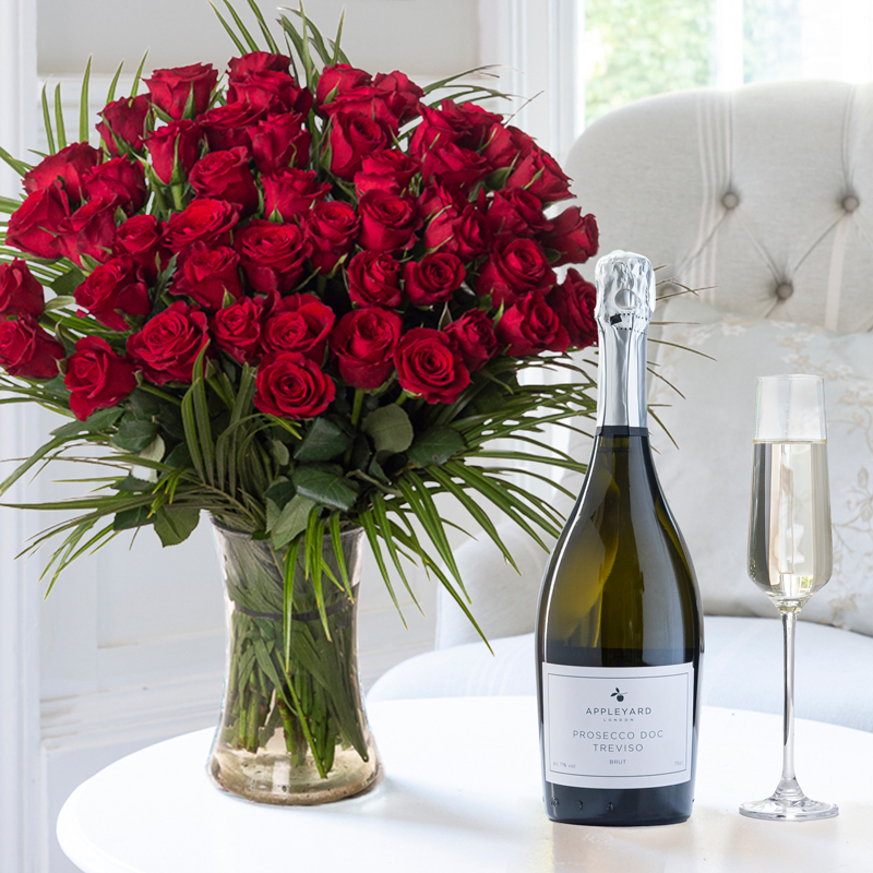 50 Red Roses & Prosecco | Flowers & Prosecco Gift Set | UK Next Day Delivery - Appleyard London