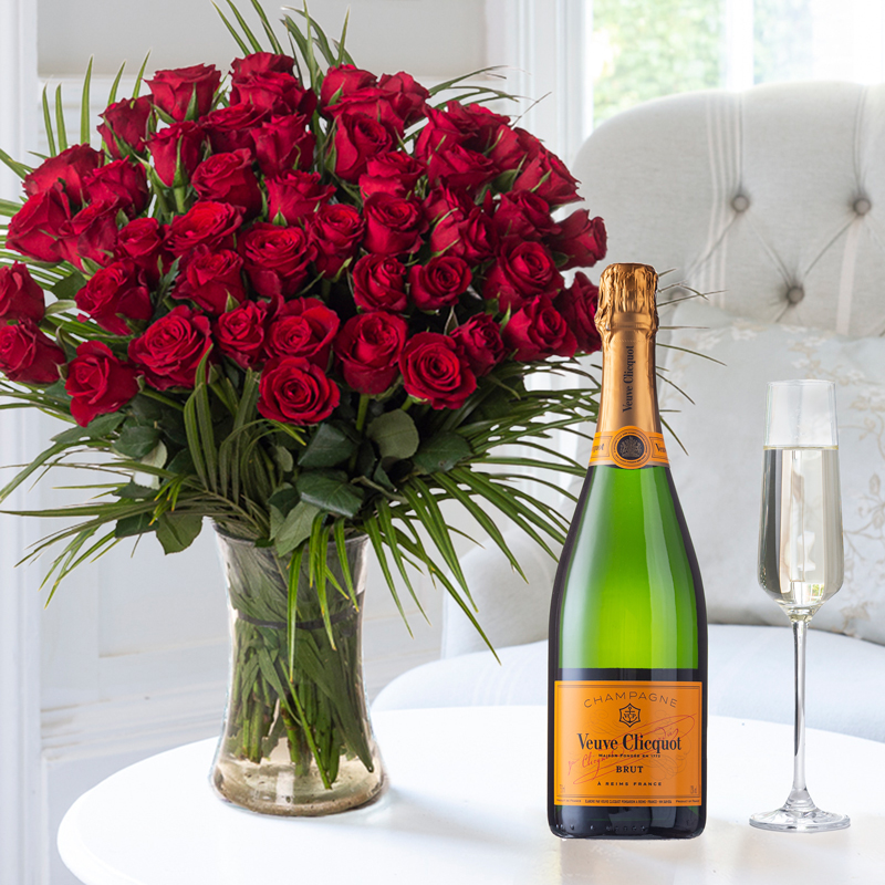 50 Red Roses & Veuve Clicquot Champagne | Flowers & Champagne Gift Set | UK Next Day Delivery - Appleyard London