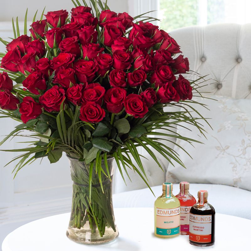 50 Luxury Red Roses, Edmunds Mojito, Strawberry Daiquiri & Espresso Martini Cocktails | By Luxury Florist | Fast UK Flower Delivery - Appleyard London