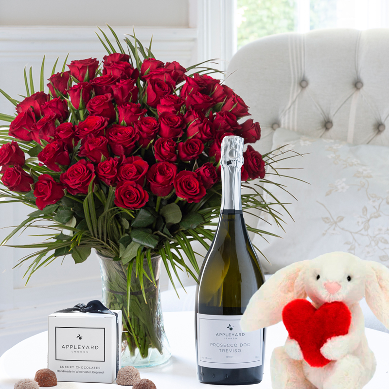 50 Luxury Red Roses, Prosecco, Jellycat Bashful Love Heart Bunny & 6 Mixed Truffles
