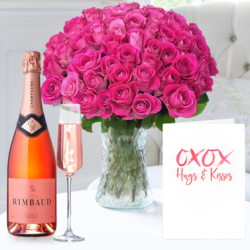 50 Pink Roses & Champagne Rimbaud Brut Rosé (75cl) & Romance Card | Hand-Tied Flowers | Next Day Flower Delivery - Appleyard London