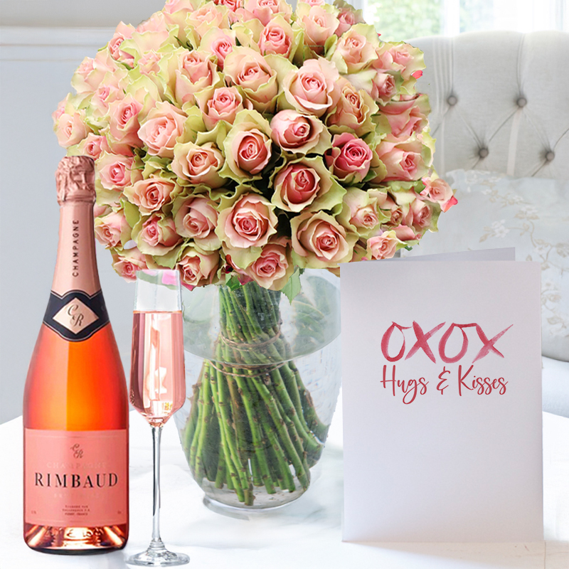 50 Pink Roses & Champagne Rimbaud Brut Rosé (75cl) & Romance Card | Hand-Tied Flowers | Next Day Flower Delivery - Appleyard London