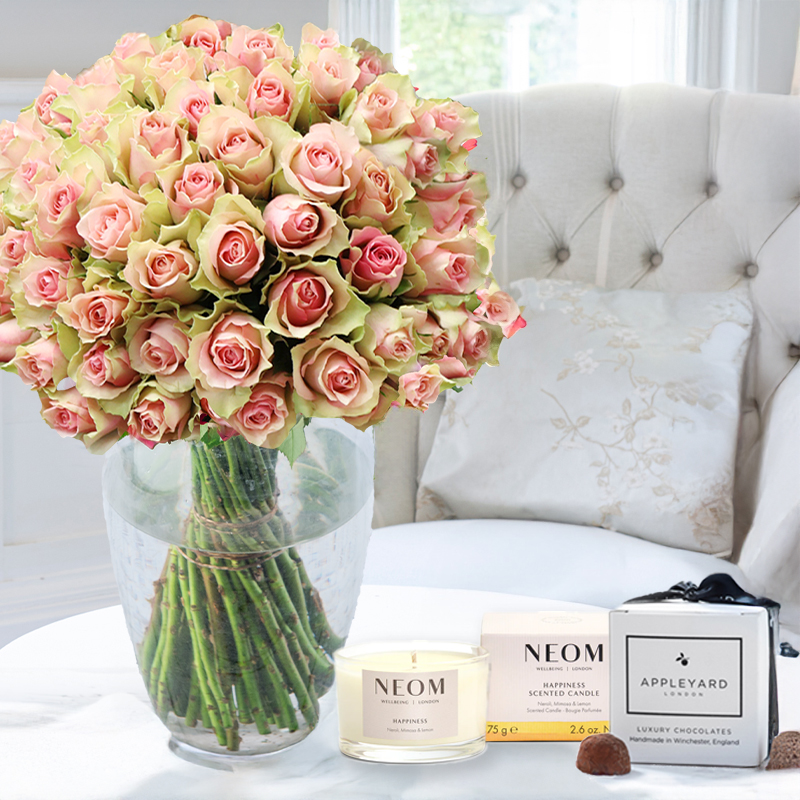 50 Pink Roses, NEOM Candle & Truffles | Gifts to Truly Wow | Next Day Flowers Delivery - Appleyard London