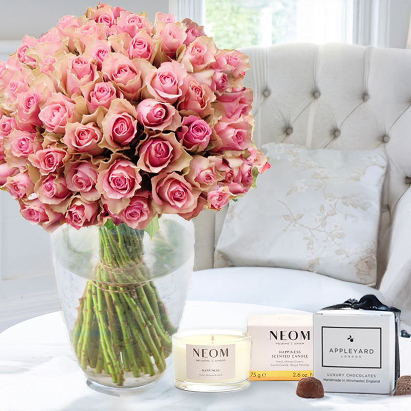 Flower Gift Set - 50 Pink Roses, NEOM Happiness Candle & 6 Truffles - Pink - Next Day Flower & Gift Delivery UK - Appleyard London