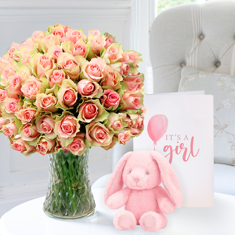 New Baby Flower Gift Set - 50 Pink Roses, Pink Keels Bunny & New Baby Girl Card - Pink - Next Day Flower & Gift Delivery UK - Appleyard London