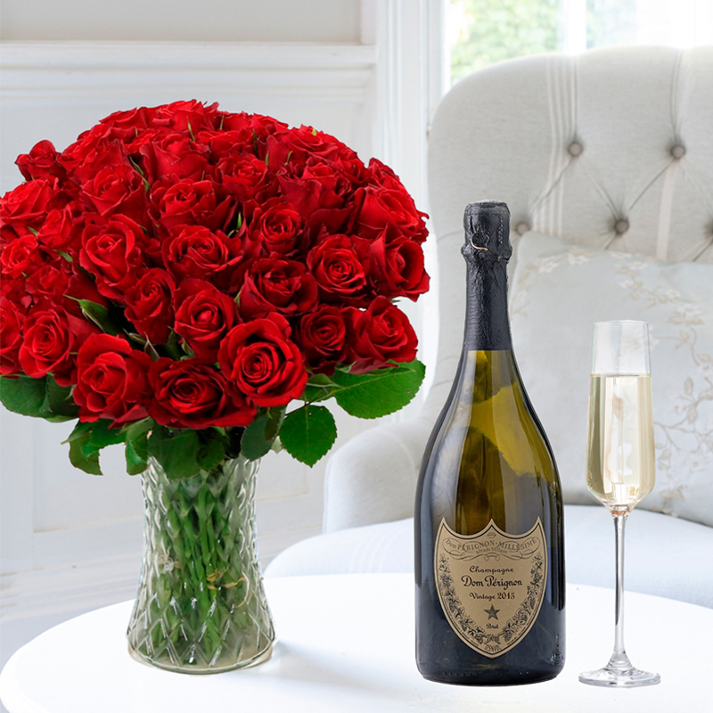 Flowers & Champagne Gift Set - 50 Red Roses & Dom Perignon - Luxury Hand-Tied Bouquets & Gifts - red - Next Day Flower & Gift Delivery UK - Appleyard