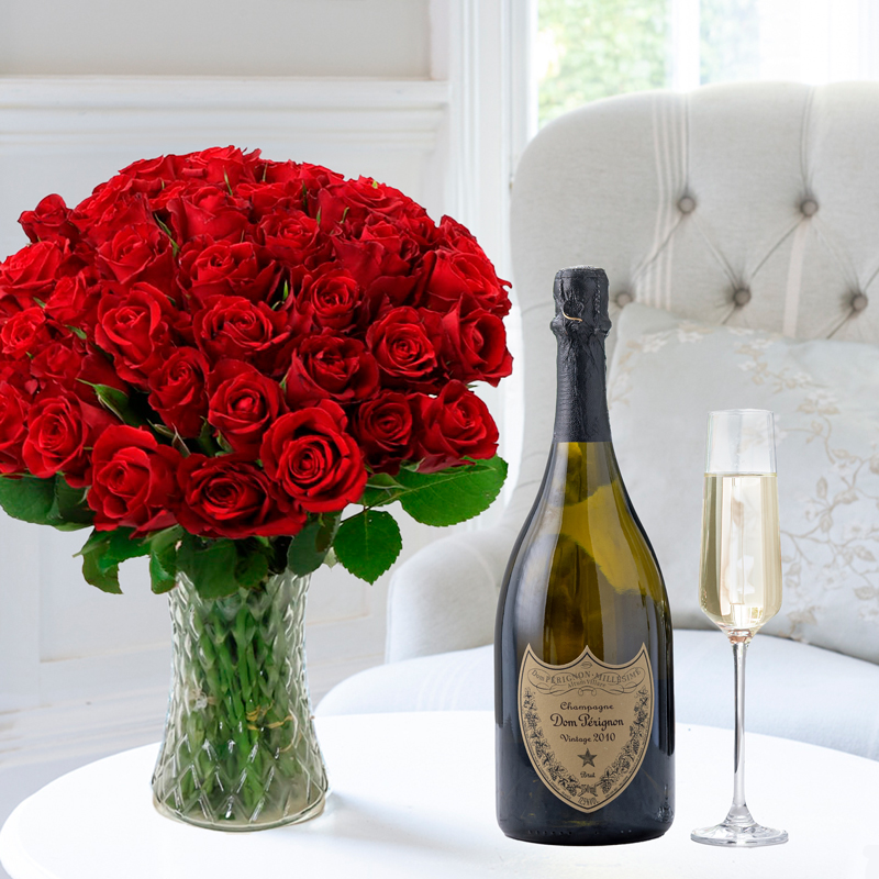 50 Red Roses & Dom Perignon | Luxury Hand- Tied Bouquets & Gifts | Fast UK Flower Delivery - Appleyard London