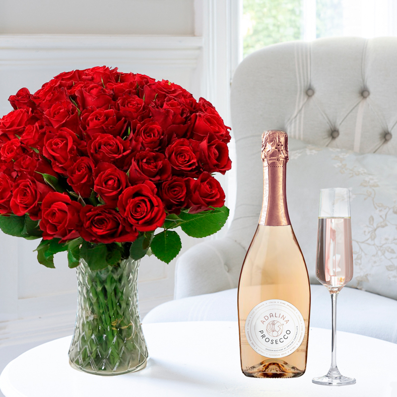 50 Red Roses & Prosecco Rosé