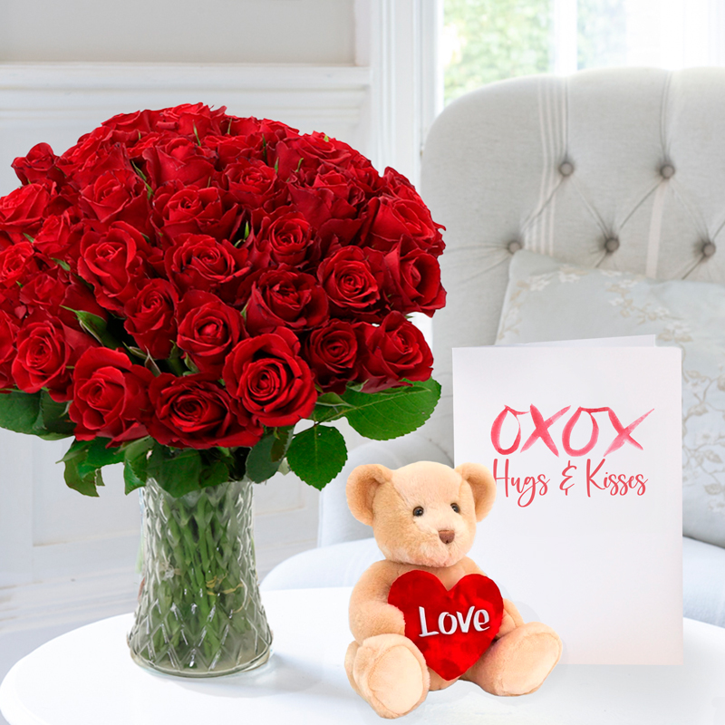 50 Red Roses, Brown Heart Bear (20cm) & Romance Card | Anniversary Gifts | Flowers & Gifts Delivery UK | Appleyard London