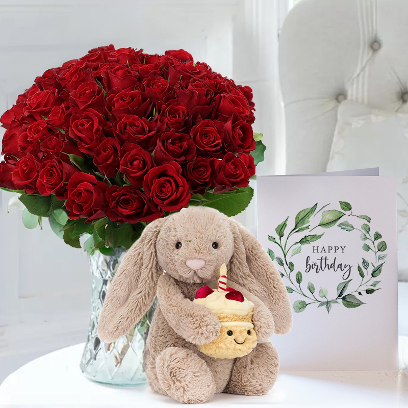 Birthday Flower Gift Set - 50 Red Roses, Jellycat Birthday Bunny & Birthday Card - Next Day Flower & Gift Delivery UK - Appleyard London