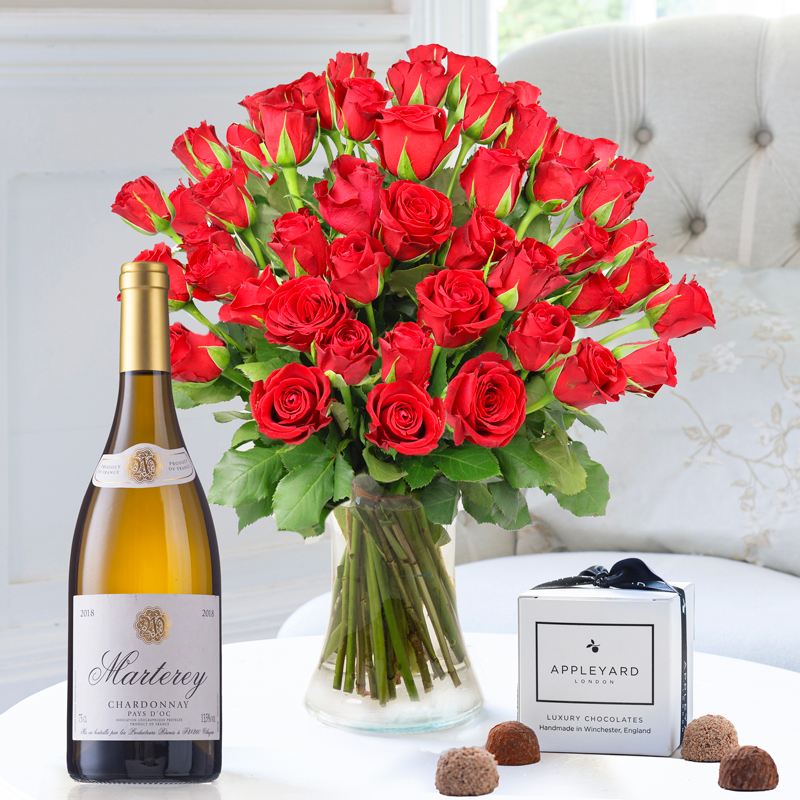 50 Red Roses, Marterey Chardonnay & 6 Mixed Truffles image