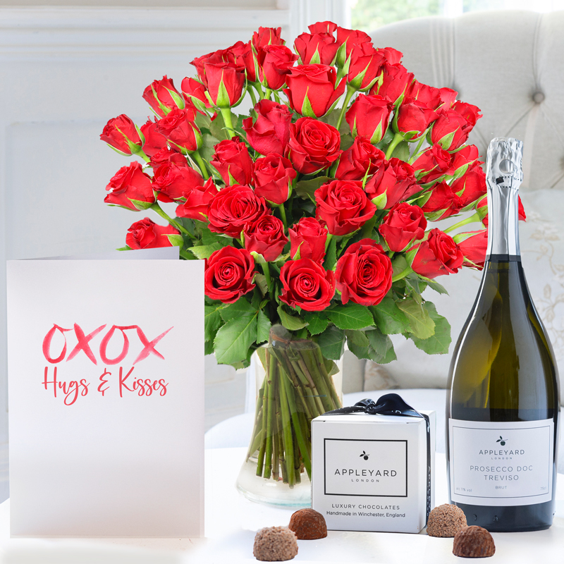 50 Red Roses, Prosecco, 6 Mixed Truffles & Romance Card image