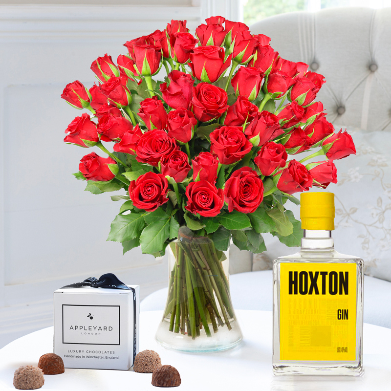 50 Red Roses, Hoxton Tropical Gin & 6 Mixed Truffles image