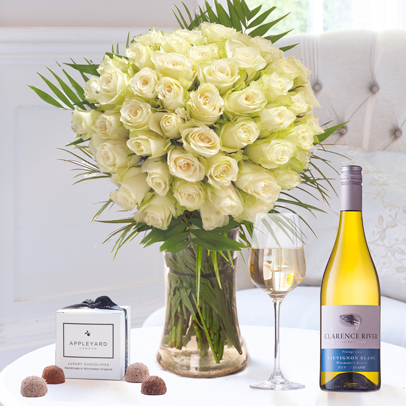 50 White Roses, Clarence River Sauvignon Blanc & 6 Mixed Truffles image