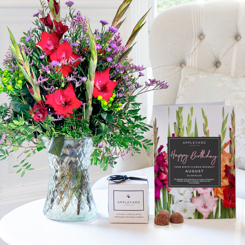 Birthday Flower Gift Set - August Birth Bouquet Gift Set - Green, Purple - Gladiolus - Next Day Flower & Gift Delivery UK - Appleyard London