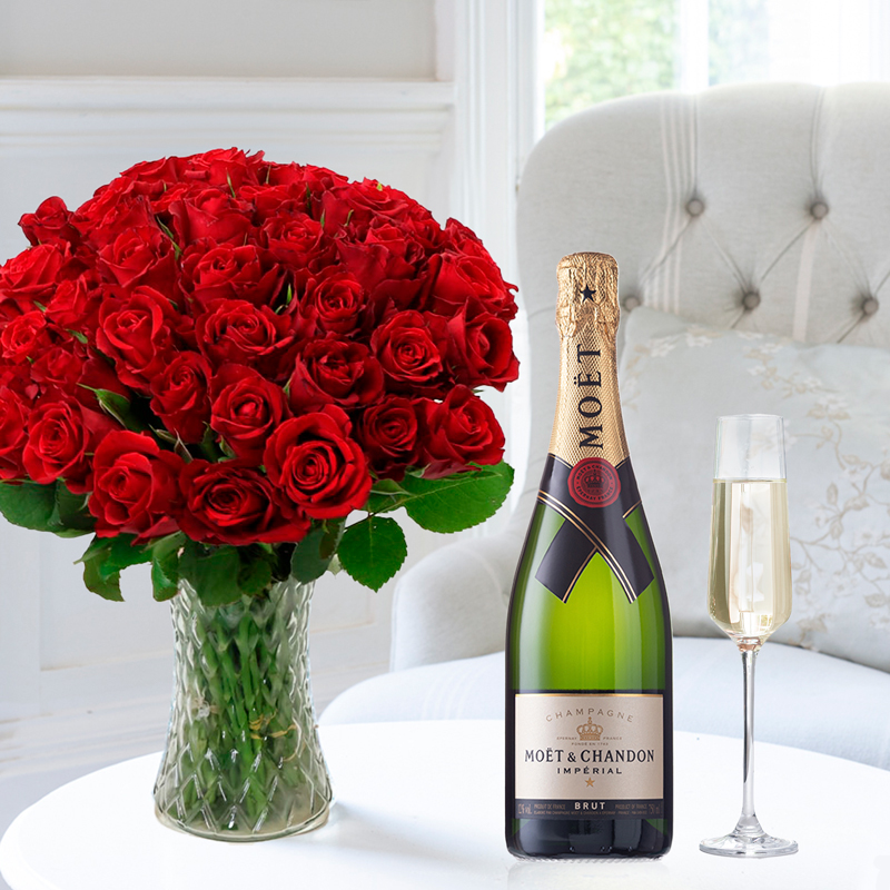 Roses & Champagne Gift Set - 50 Red Roses & Moët & Chandon - Next Day Flower & Gift Delivery UK - Next Day Flower & Gift Delivery UK - Appleyard