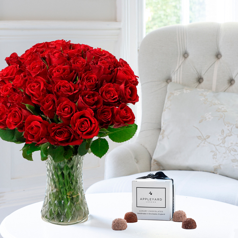 50 Red Roses & 6 Mixed Truffles