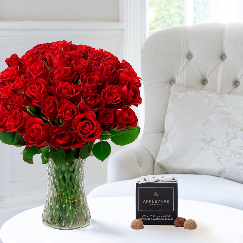 Roses & Chocolate Truffles Gift Set - 50 Red Roses & 12 Mixed Truffles - Next Day Flower & Gift Delivery UK - Appleyard London